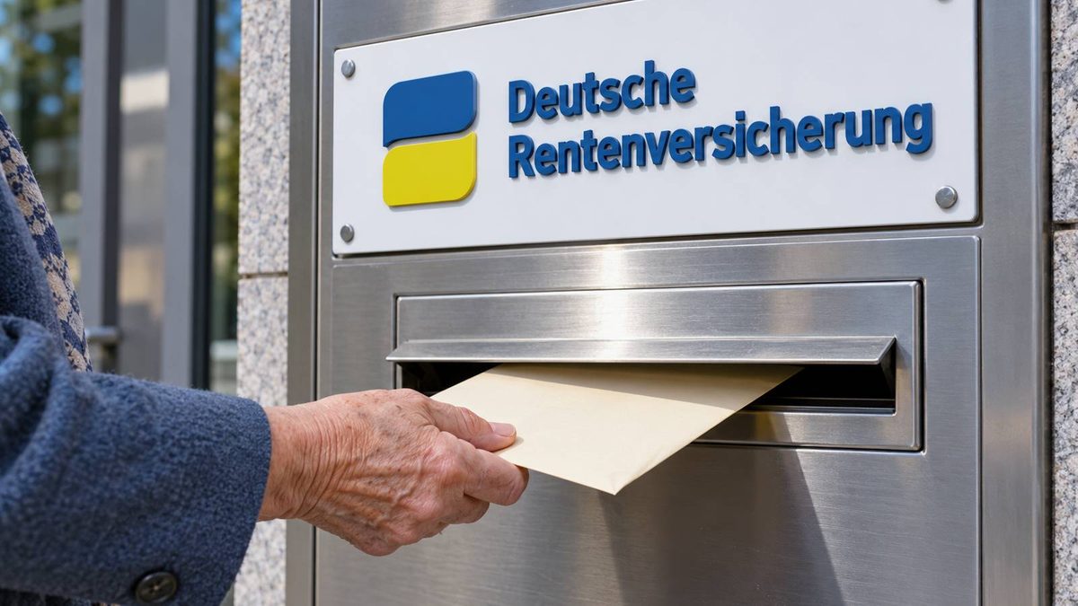 Frauenhand wird Umschlag in den Briefkasten der DRV
