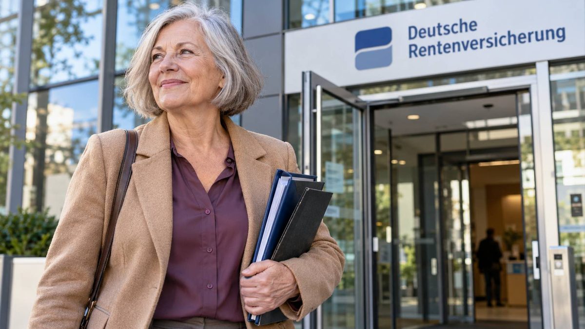 Zufriedene Frau mit Aktenmappen verlässt ein Gebäude der Deutschen Rentenversicherung.