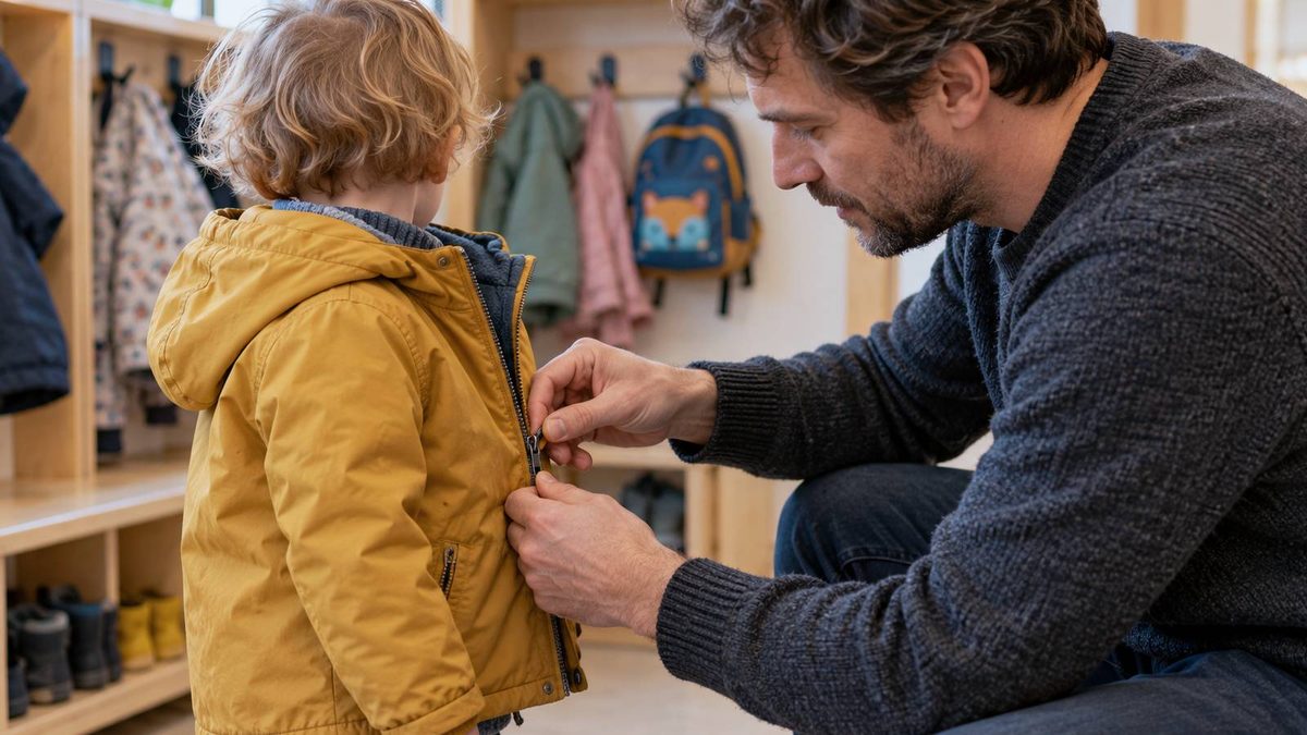 Vater schließt die gelbe Jacke seines Kleinkindes in einer Kita-Garderobe.