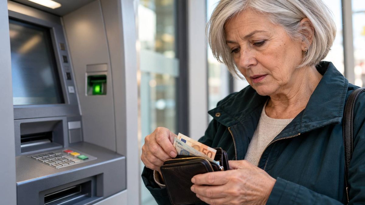 Rentnerin steckt abgehobene Euro-Geldscheine neben einem Geldautomaten in ihre Geldbörse.
