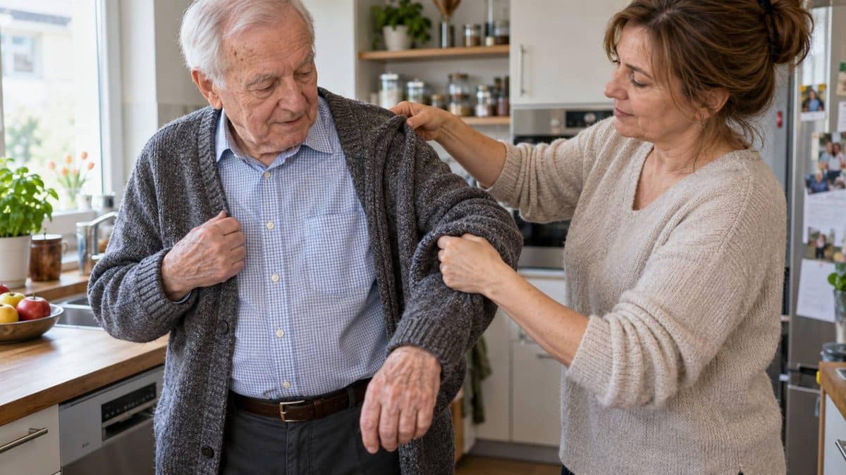 Eine Frau hilft einem älteren Mann zu Hause beim Anziehen einer Strickjacke.