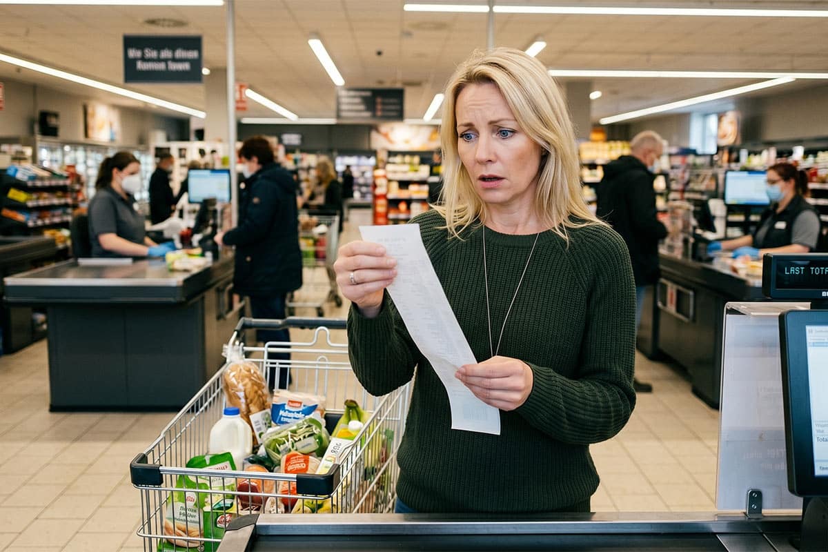 Frau mittleren Alters schaut geschockt über die gestiegenen Preise nach dem Einkaufen auf den Kassenbon