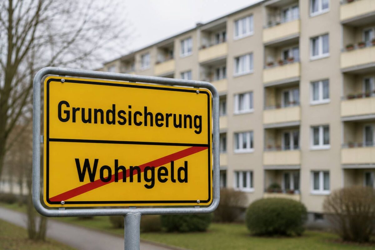 Ortsschild mit der Aufschrift „Grundsicherung“ und durchgestrichenem „Wohngeld“ vor einem Mehrfamilienhaus.