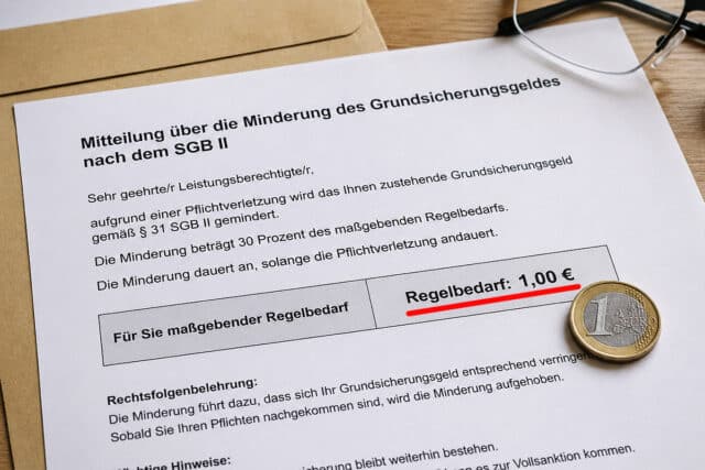 1-Euro-Münze auf einem Grundsicherungsgeld-Bescheid mit ausgewiesenem Regelbedarf von 1 Euro