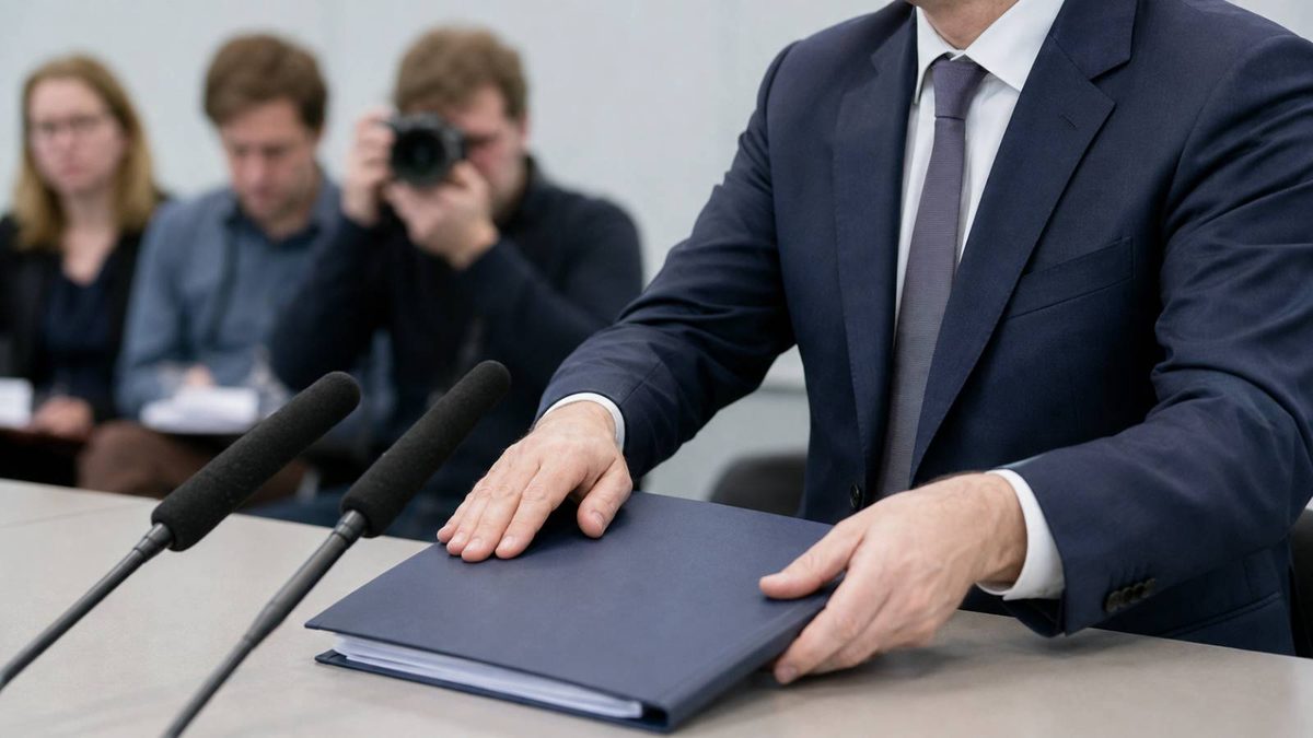 Ein Ministeriumsvertreter schließt vor Pressemikrofonen eine unbeschriftete Akte