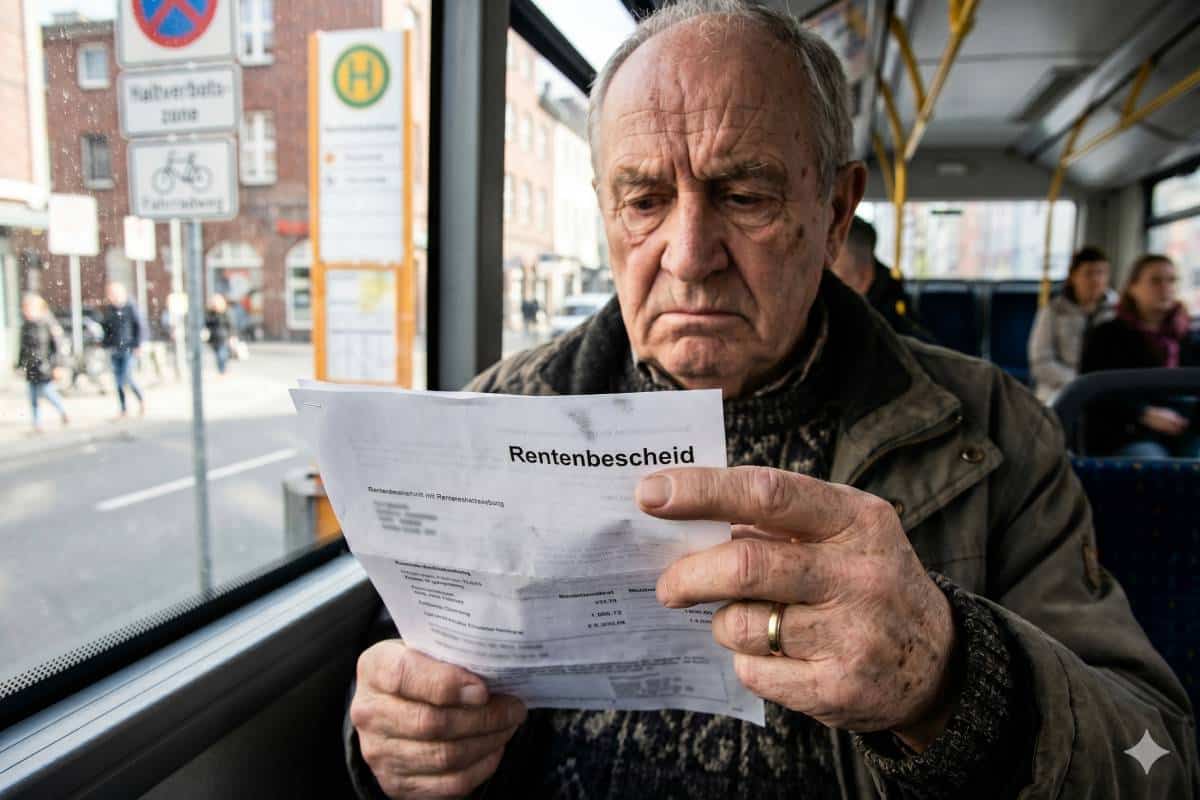 Älterer Mann liest besorgt seinen Rentenbescheid im Bus, Nahaufnahme mit Fokus auf das Wort "Rentenbescheid" und seine Hände.