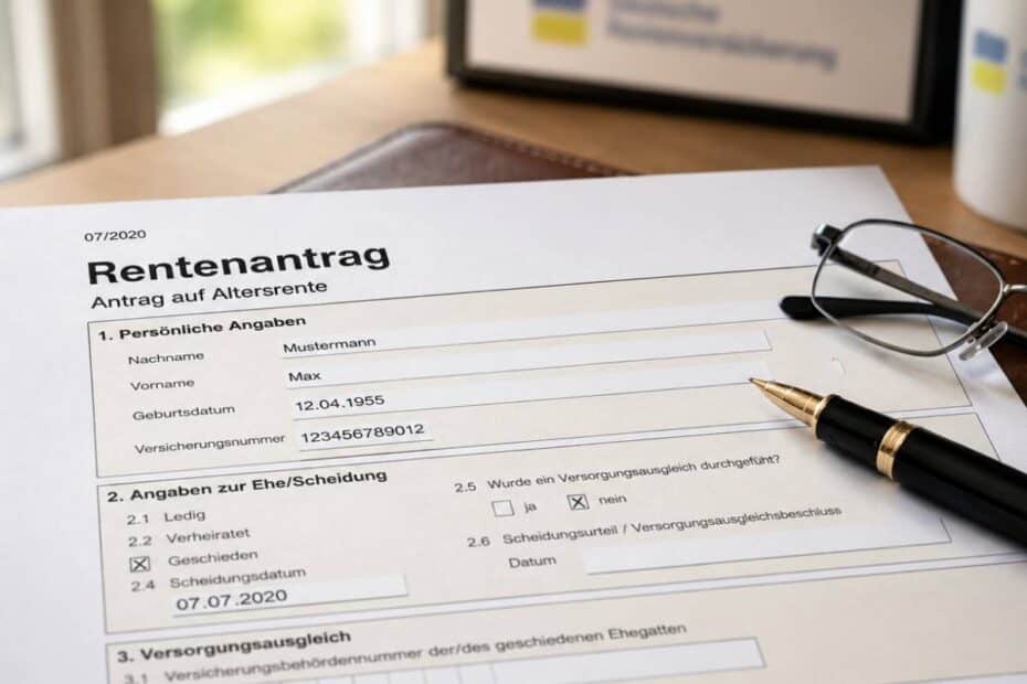 Rentenantrag auf einem Schreibtisch, auf dem ein Füllfederhalter und eine Lesebrille liegen.