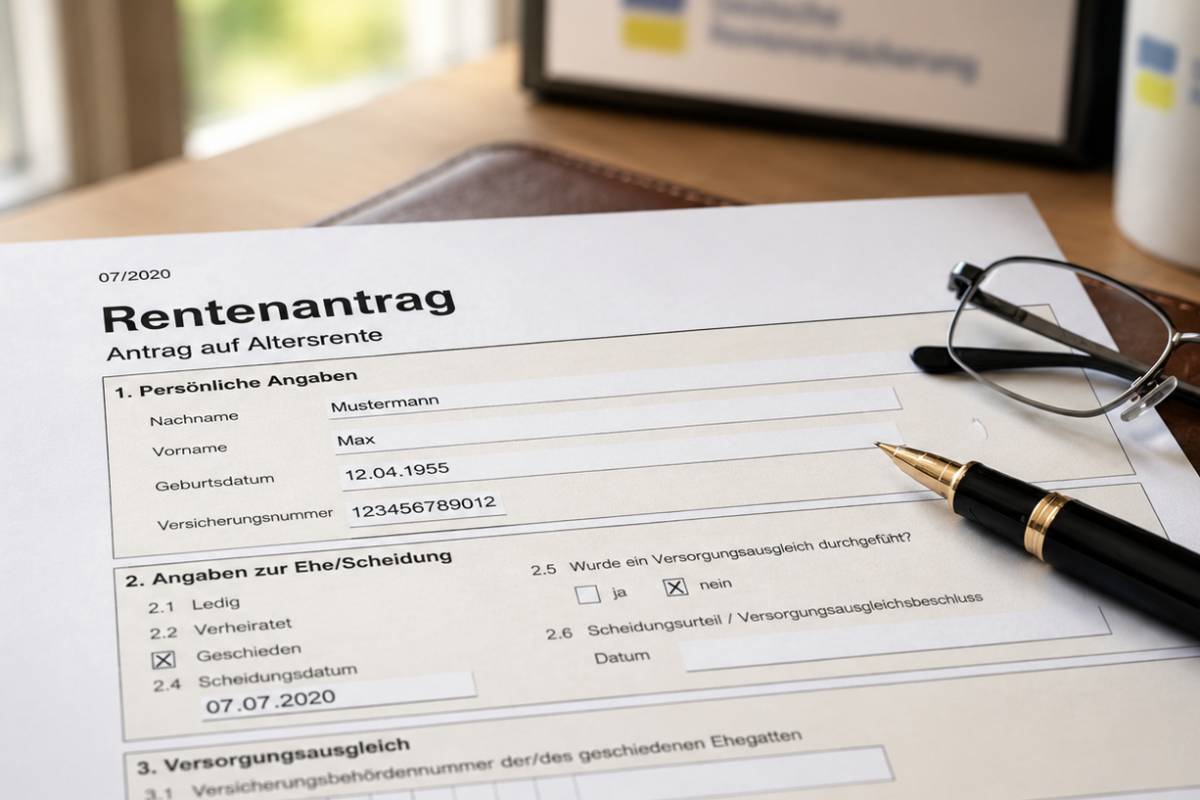 Rentenantrag auf einem Schreibtisch, auf dem ein Füllfederhalter und eine Lesebrille liegen.