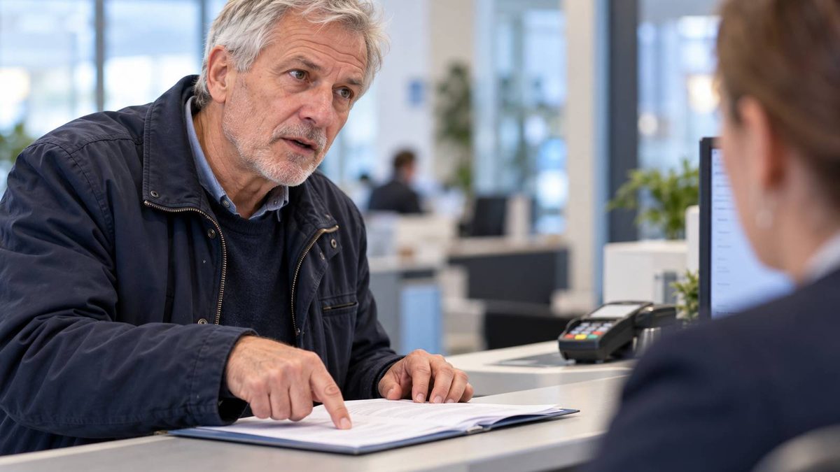 Älterer Mann zeigt einem Mitarbeiter am Serviceschalter auf Unterlagen in einer geöffneten Mappe.