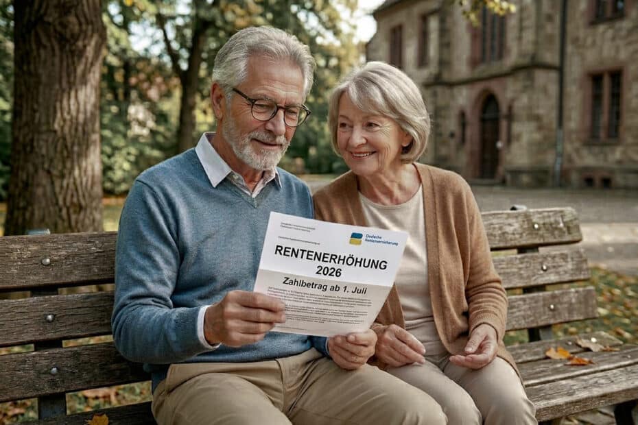Rentner-Ehepaar sitzt glücklich mit neuem Rentenbescheid auf einer Parkbank