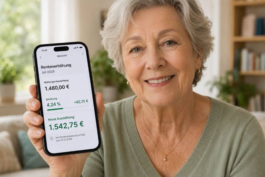 Rentnerin zeigt auf dem Smartphone ihre Auszahlung nach der Rentenerhöhung ab Juli 2026