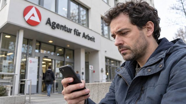 Mann blickt auf sein Smartphone, im Hintergrund ein Schild der Agentur für Arbeit.