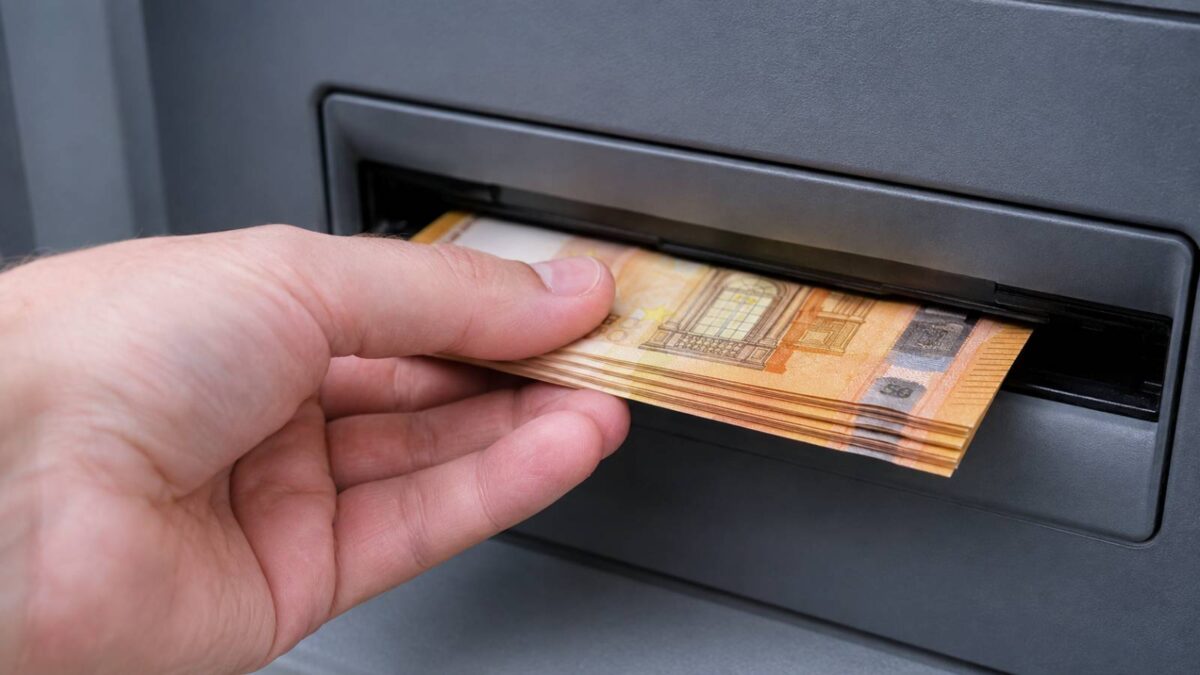 Hand entnimmt Euro-Geldscheine aus dem Ausgabefach eines Geldautomaten