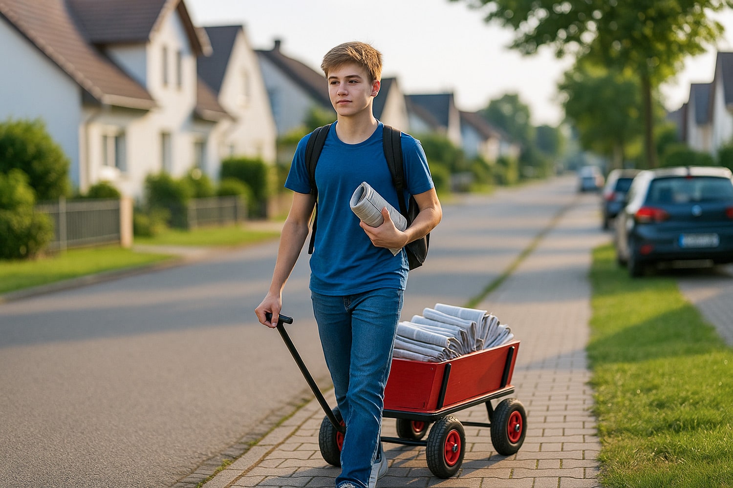 Schüler mit Bollerwagen voller Zeitungen, symbolisch für Zeitungen austragen als Ferienjob