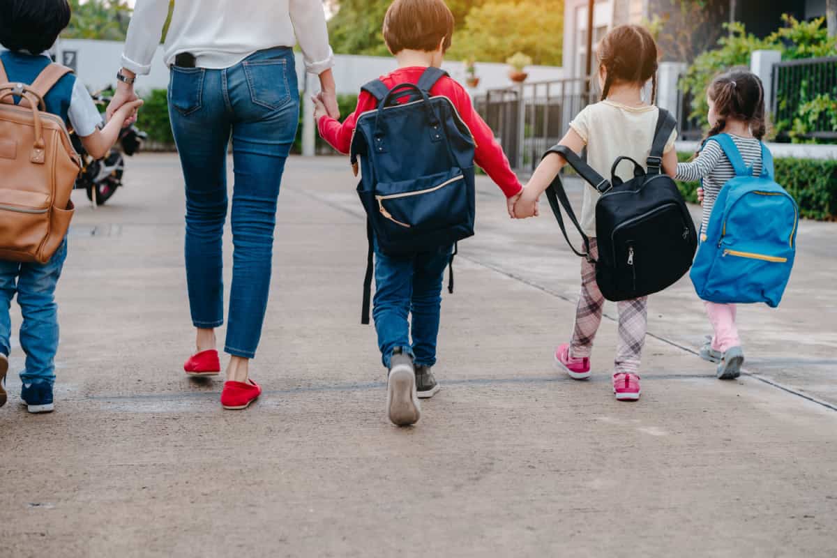 junge Kinder gehen an der Hand zur Schule