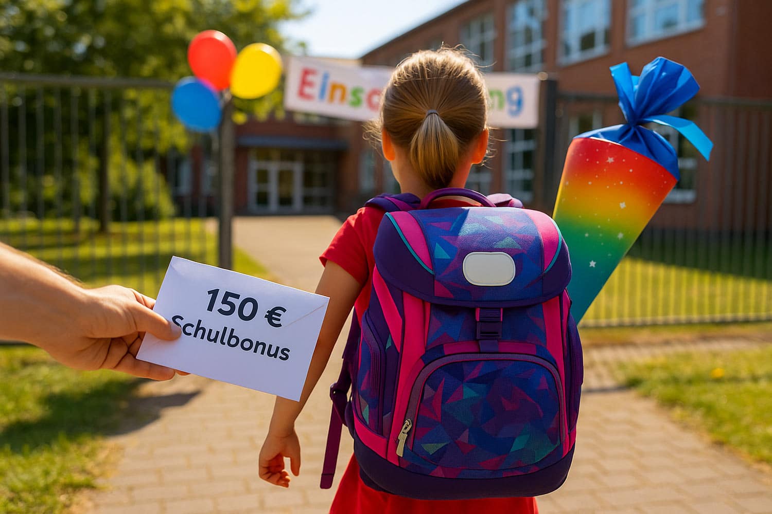 Ein Grundschulkind mit farbigem Ranzen und Schultüte geht auf das Schultor zu. Im Vordergrund hält eine erwachsene Hand einen Umschlag mit der Aufschrift "150 € Schulbonus".