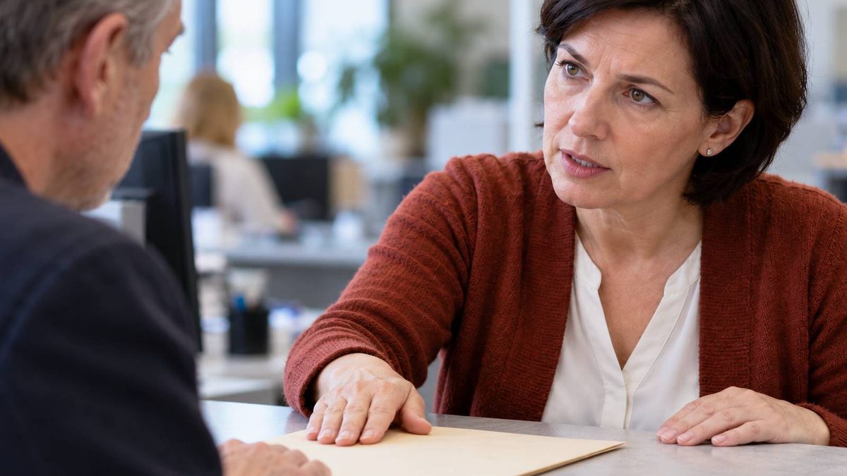 Mitarbeiterin spricht am Behördenschalter mit einem Mann und schiebt ihm eine Unterlagenmappe zurück.