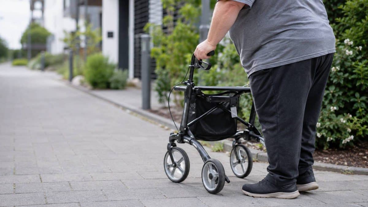 Ein stark übergewichtiger Mann macht mit seinem Rollator auf einem Gehweg eine Pause.