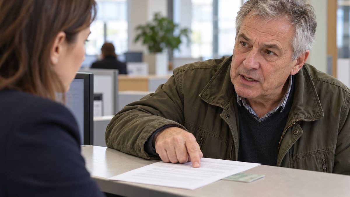 Älterer Mann zeigt am Behördenschalter auf eine Stelle in seinem Schreiben und spricht mit einer Mitarbeiterin.