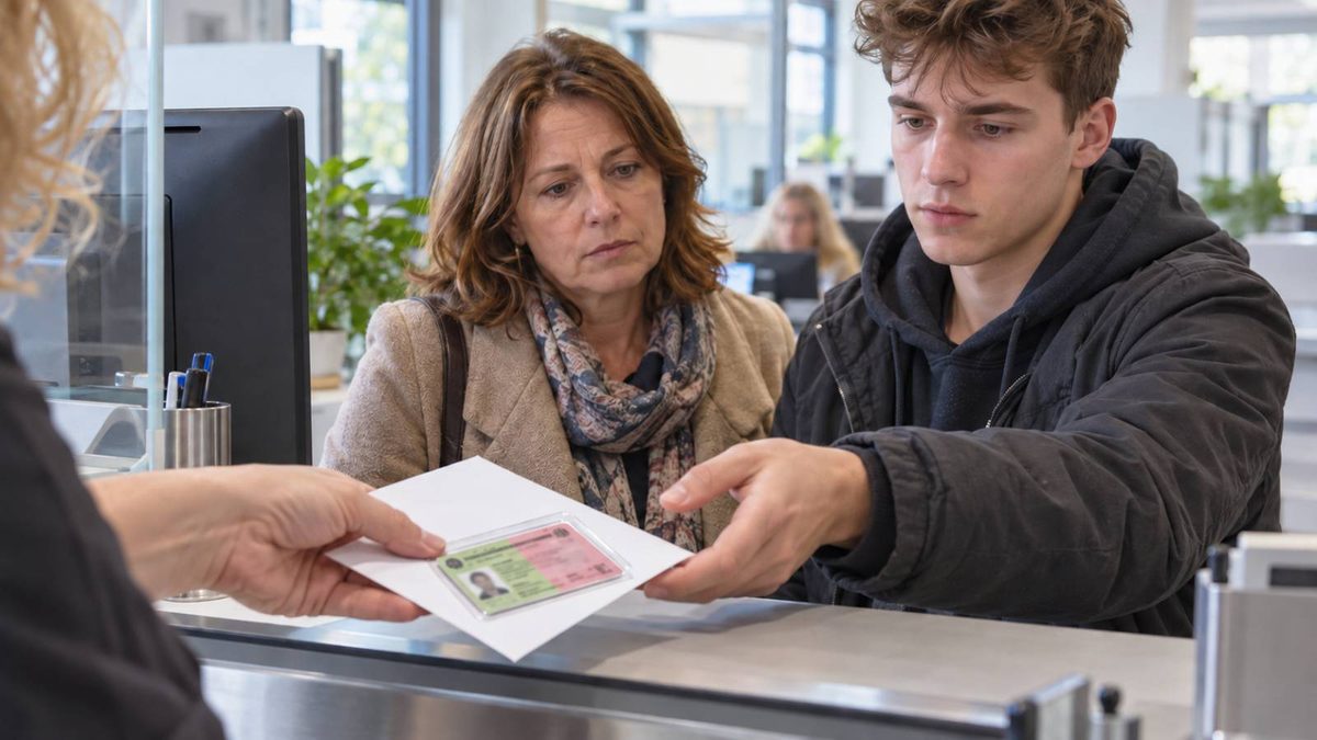 Junger Mann nimmt am Behördenschalter seinen Schwerbehindertenausweis entgegen, während seine Mutter neben ihm steht.