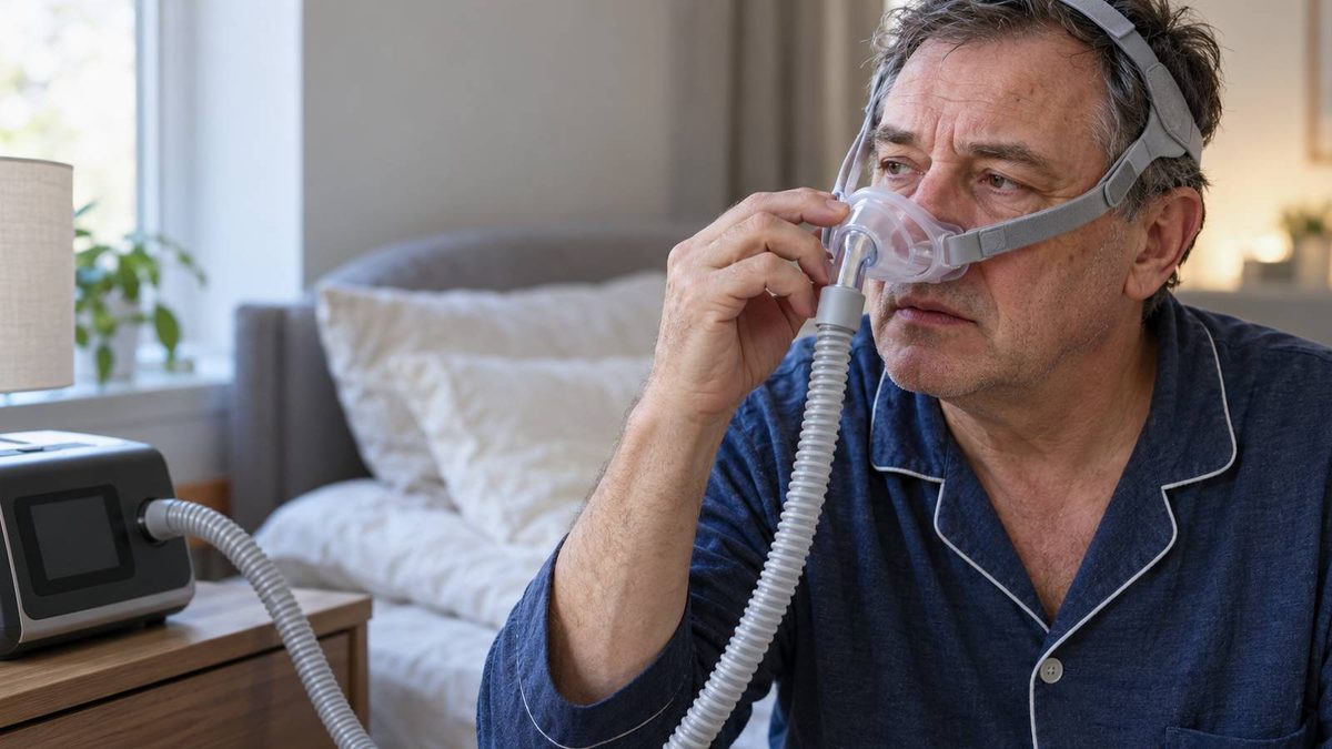 Mann im Schlafzimmer mit einer CPAP-Atemmaske an der Nase, daneben das angeschlossene Gerät.