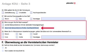 Screenshot aus Anlage KDU – Seite 3 Angaben zum Warmwasser. Dezentral markiert
