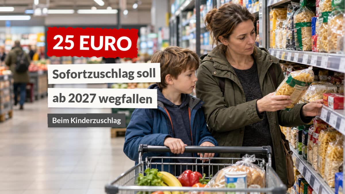 Mutter vergleicht beim Lebensmitteleinkauf mit ihrem Sohn Preise am Supermarktregal.