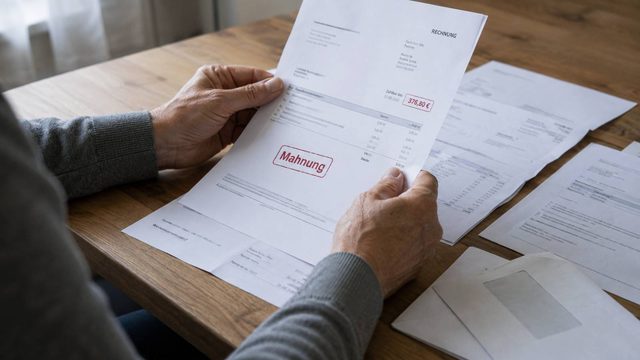 Ältere Person hält eine Rechnung mit rotem Mahnungsstempel und überfälligem Betrag in den Händen, im Hintergrund weitere Rechnungen und Briefumschläge auf einem Tisch