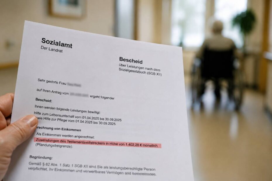 Ein Sozialhilfebescheid auf Papier, in dem eine Anrechnung von Zuwendungen eines Testamentsvollstreckers markiert ist, im Hintergrund ein pflegebedürftiger Mensch im Rollstuhl.
