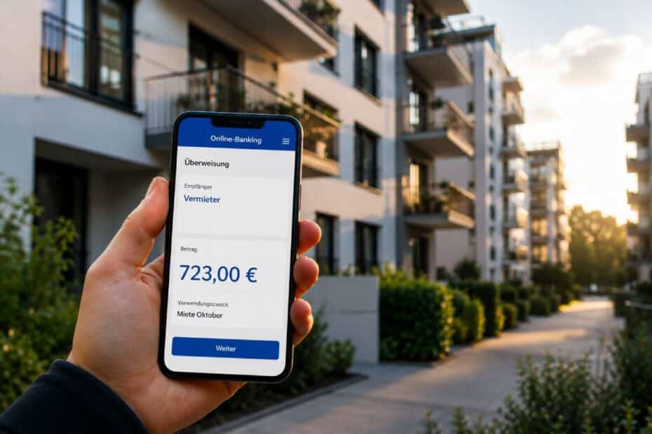 Eine Hand hält ein Smartphone mit einer Online-Banking-App, die eine Mietüberweisung an den Vermieter zeigt, vor unscharfen modernen Wohngebäuden.