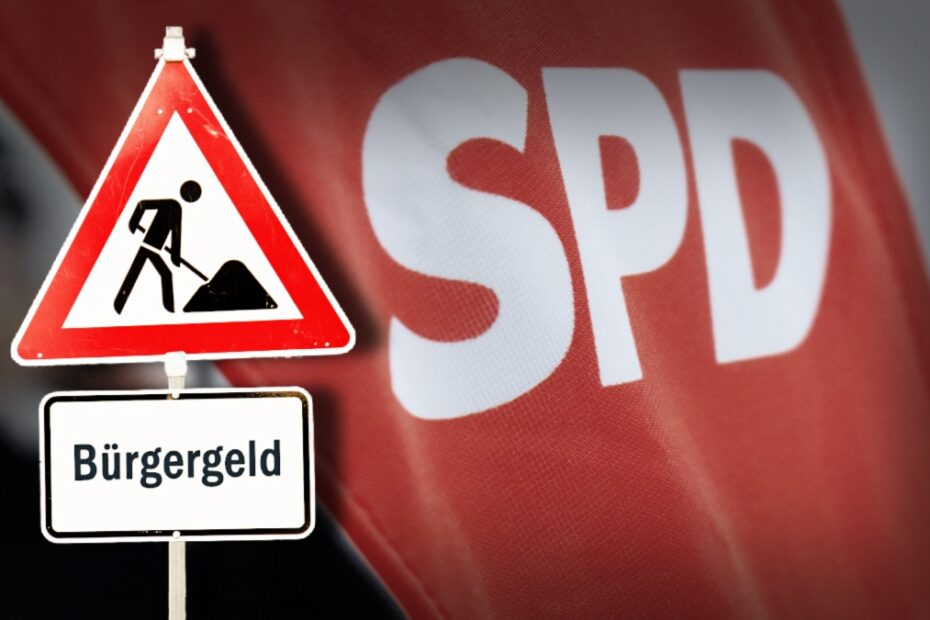 Baustellen Schild mit Aufschrift "Bürgergeld" vor großer roter Flagge der SPD