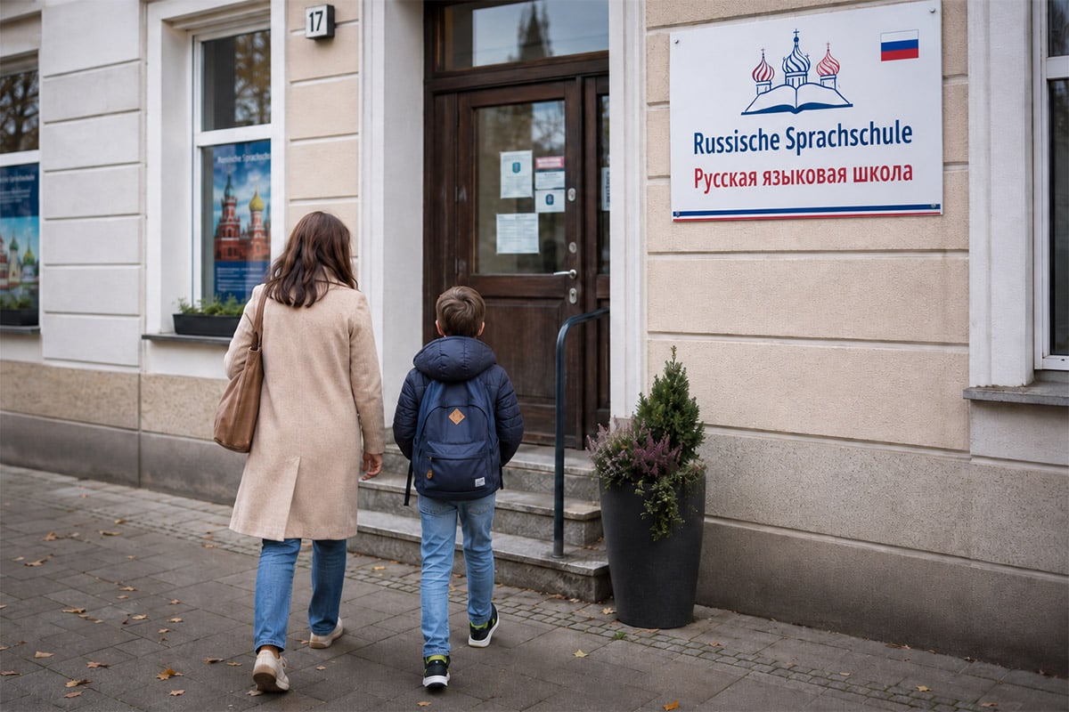 Mutter mit Kind vor einer russischen Sprachschule auf dem Weg zum Unterricht