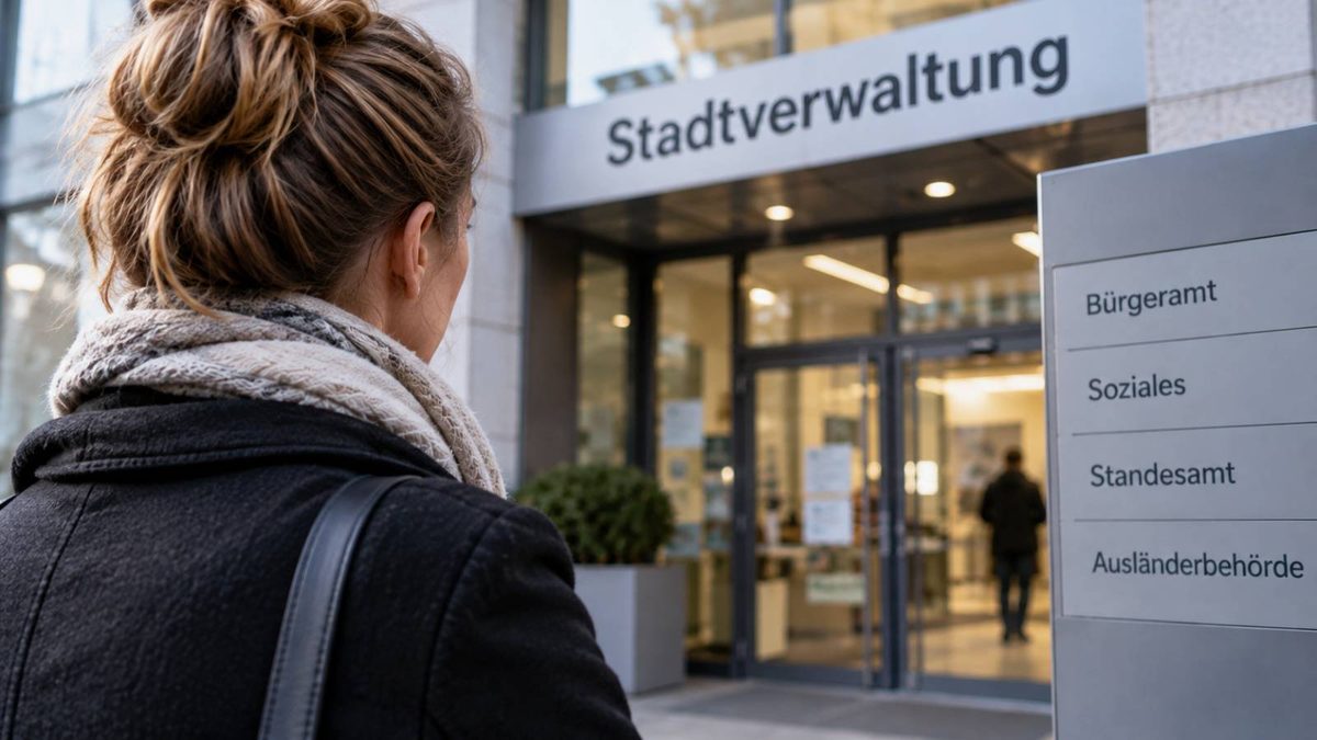 Frau steht vor einer Stadtverwaltung mit Hinweisschild zum Sozialamt