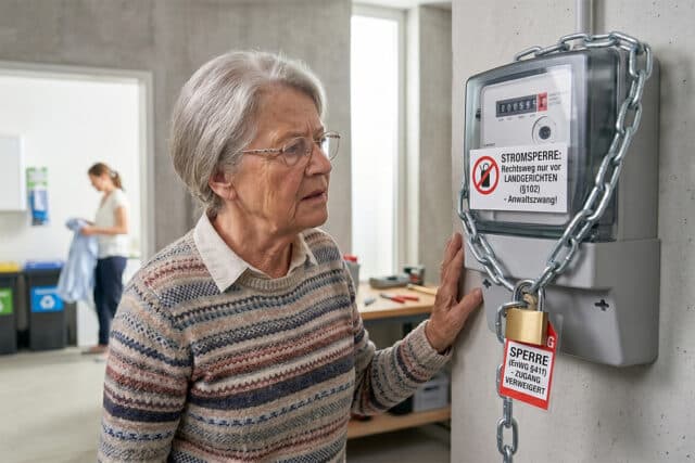 Eine ältere Dame schaut auf ihren Stromzähler, der mit einer Kette gesperrt ist. Für die Stromsperre steht ein Hinweis mit Landgericht und Anwaltszwang