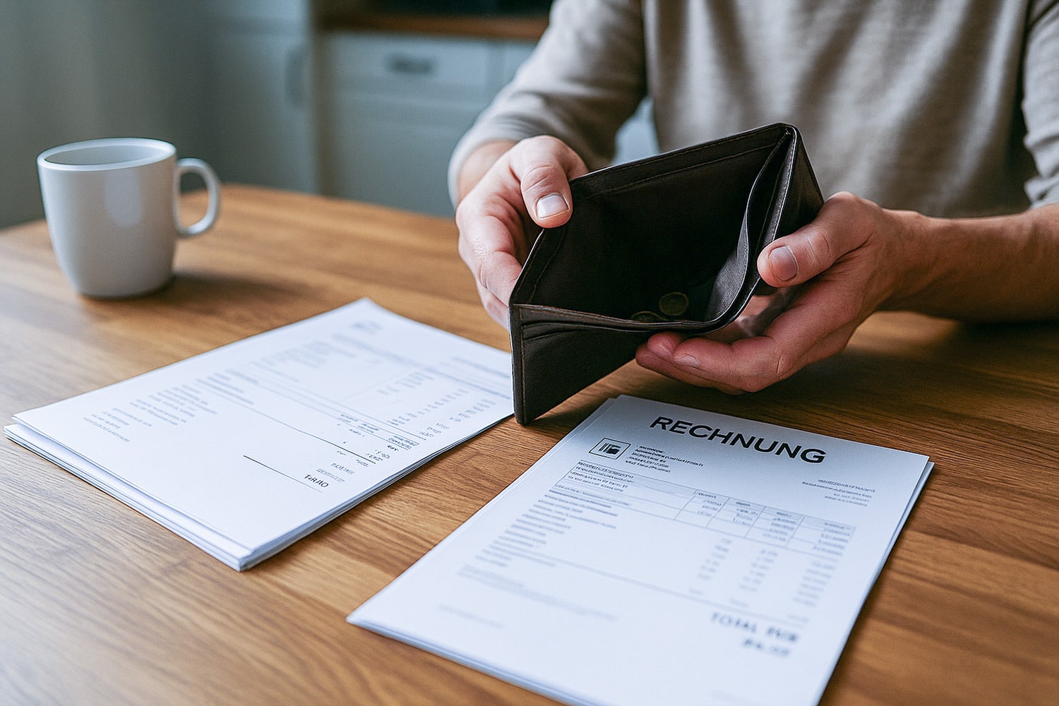 Hände präsentieren leere Geldbörse, Rechnungen liegen auf dem Tisch