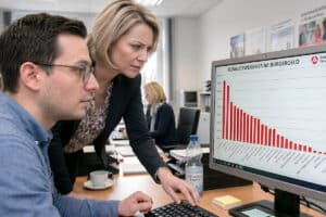 Ein Statistiker der BA sitzt an seinem Rechner und zeigt der Vorgesetzten die neusten Zahlen zu Bürgergeld Totalverweigerern
