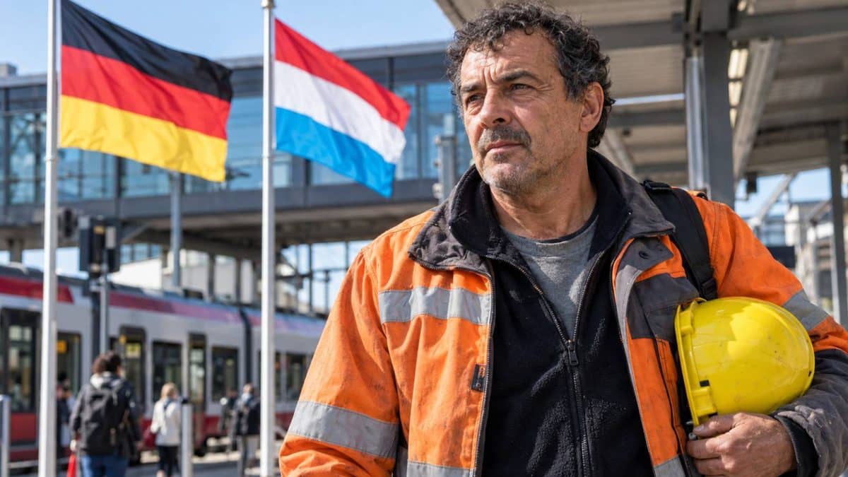 Bauarbeiter mit Schutzhelm vor der deutschen und der luxemburgischen Flagge an einem Bahnhof.