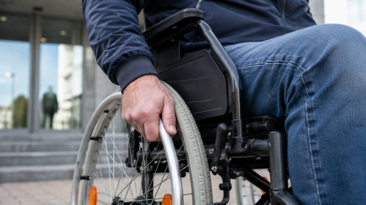 Nahaufnahme einer Hand am Rad eines Rollstuhls