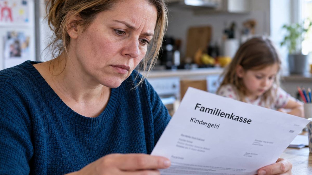Frau liest einen Brief der Familienkasse zum Kindergeld, während ihre Tochter am Küchentisch sitzt.