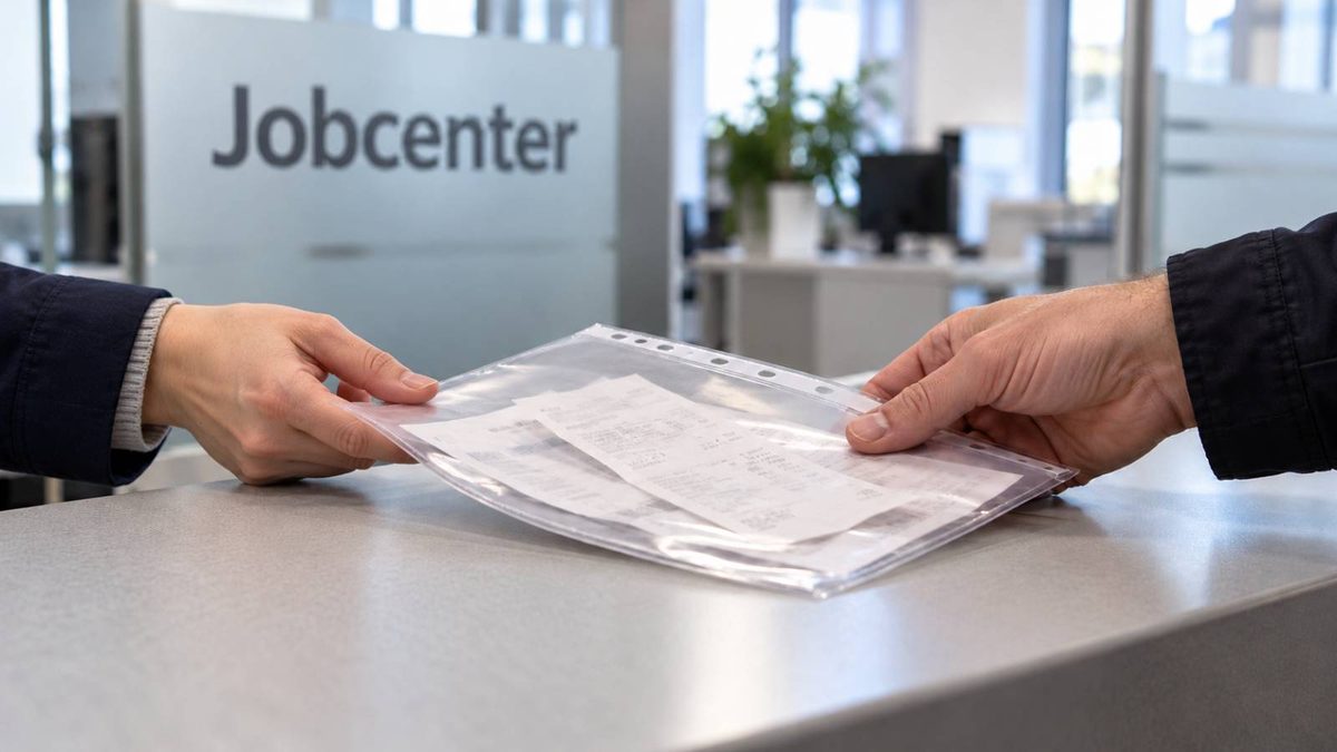 Hände übergeben eine transparente Hülle mit Belegen am Jobcenter-Schalter.