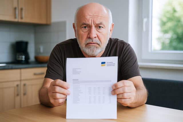 Rentner hält verzweifelt seinen Rentenbescheid hin - symbolisch für zu geringe Rente