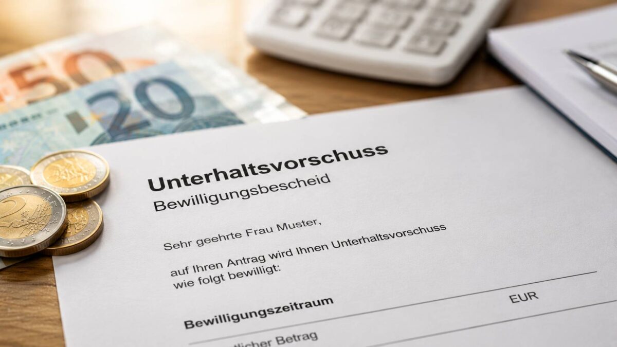 Bescheid zum Unterhaltsvorschuss mit Euro-Scheinen und Münzen auf einem Schreibtisch.