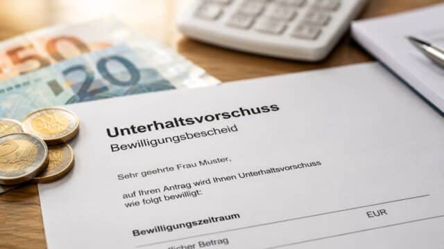 Bescheid zum Unterhaltsvorschuss mit Euro-Scheinen und Münzen auf einem Schreibtisch.