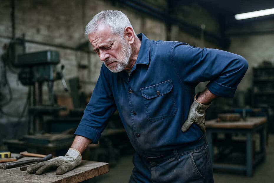 Ein älterer Handwerker mit Arbeitshandschuhen stützt sich erschöpft an eine Werkbank – Symbolbild für körperliche Einschränkungen und Erwerbsminderung bei langjähriger Berufstätigkeit.