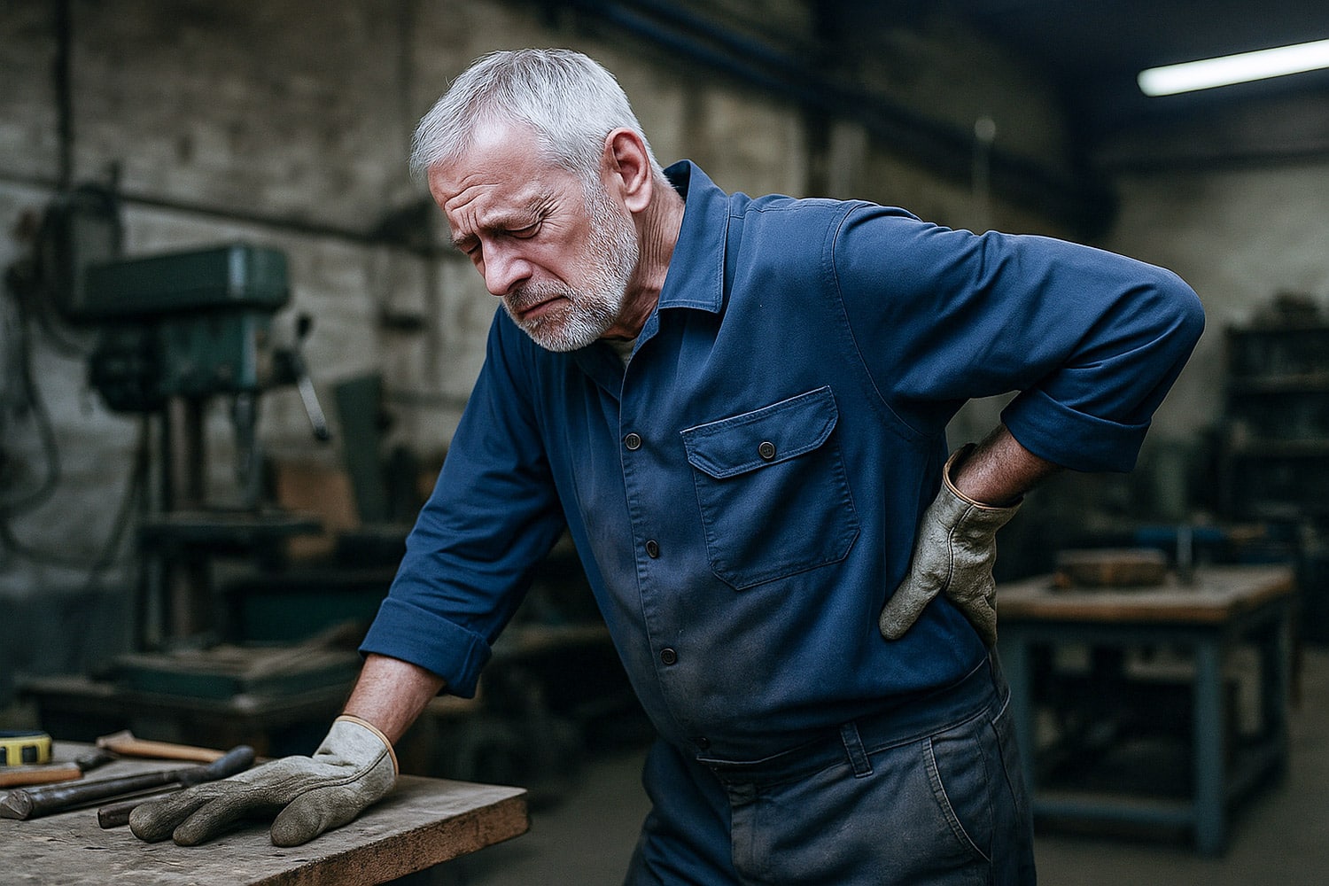 Ein älterer Handwerker mit Arbeitshandschuhen stützt sich erschöpft an eine Werkbank – Symbolbild für körperliche Einschränkungen und Erwerbsminderung bei langjähriger Berufstätigkeit.