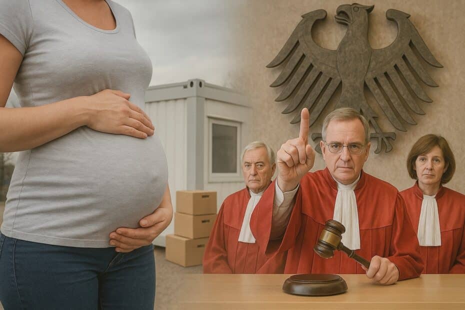 Fotorealistische Collage: Hochschwangere Frau vor weißem Wohncontainer mit Umzugskartons – daneben symbolisch Bundesverfassungsrichter mit erhobenem Zeigefinger und Richterhammer vor dem Bundesadler