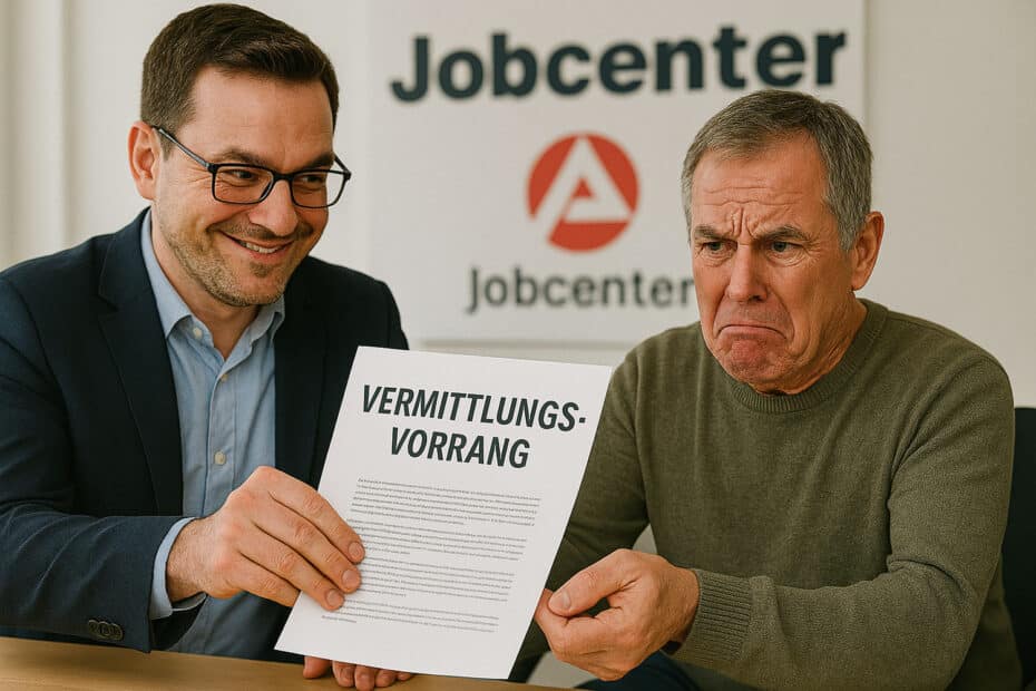 Berater überreicht grinsend „Vermittlungsvorrang“ an wütenden Bürgergeld Empfänger