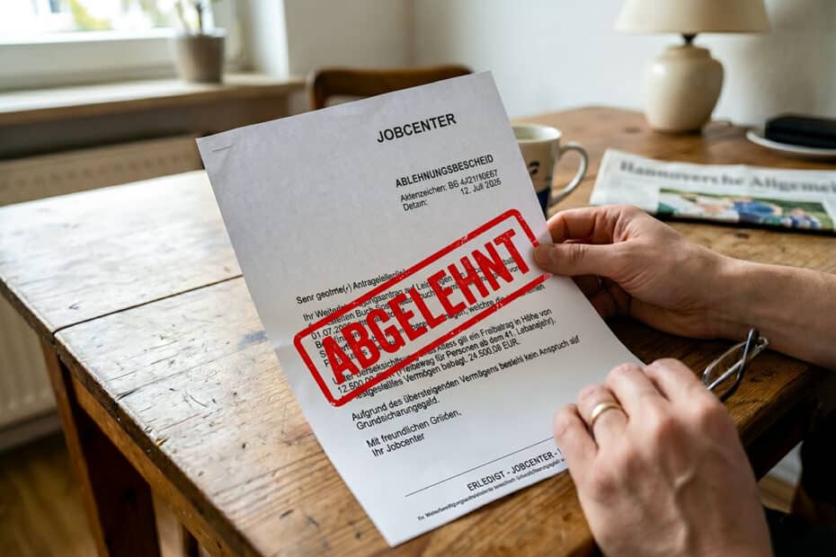 Mann mit Ablehnungsbescheid zum Grundischerungsgeld, dem Nachfolger des Bürgergeldes. Das Jobcenter hat die Leistungen abgelehnt, weil das Vermögen über dem neuen Freibetrag liegt.