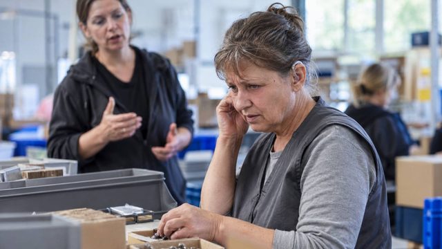 Frau mit Hörgerät bei einer einfachen Montagetätigkeit – volle EM-Rente trotz mindestens sechs Stunden Leistungsvermögen
