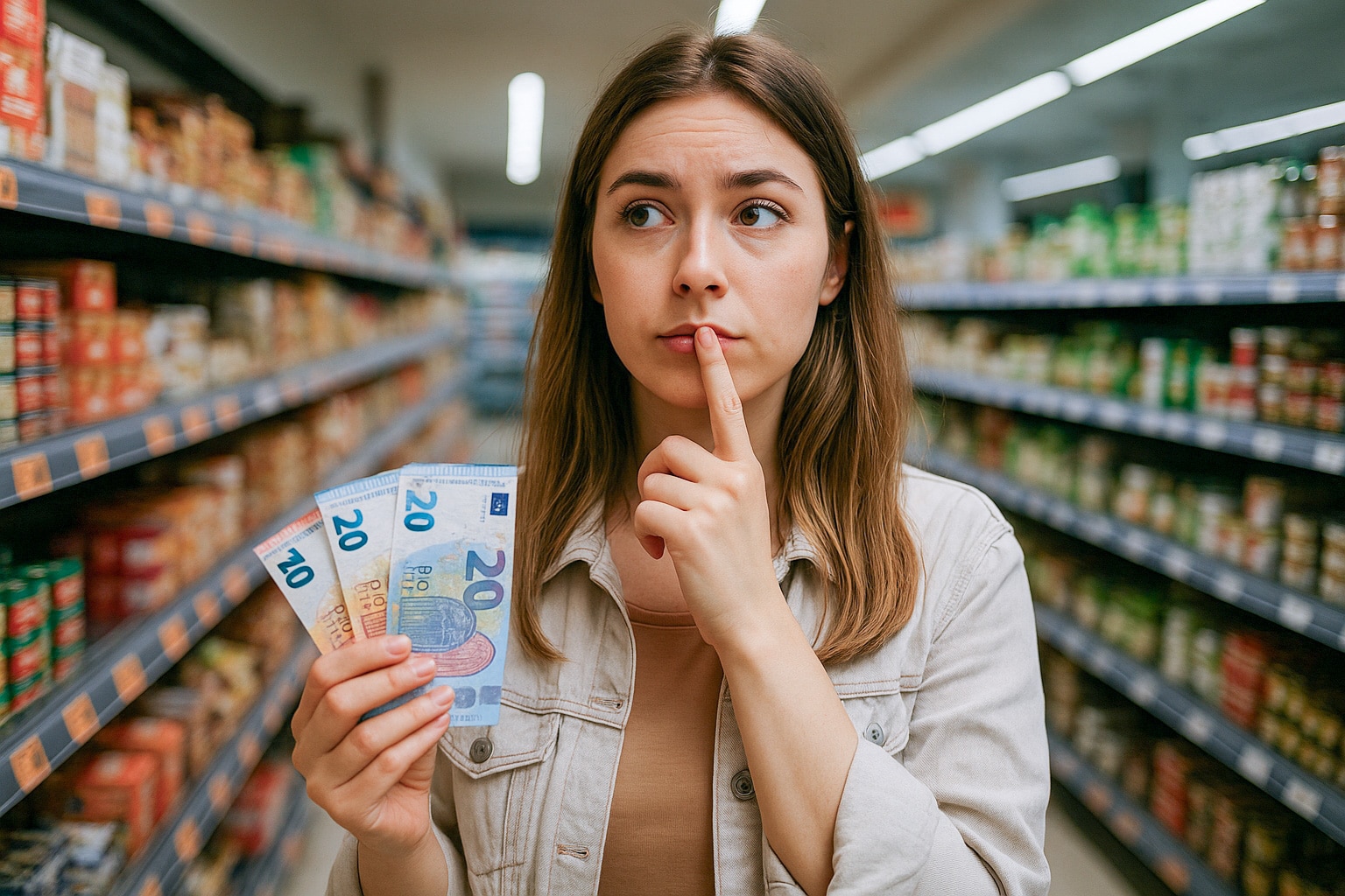 Junge Frau steht nachdenklich in einem Supermarkt und hält mehrere Geldscheine in der Hand – sie überlegt, was sie sich von dem Bürgergeld leisten kann.